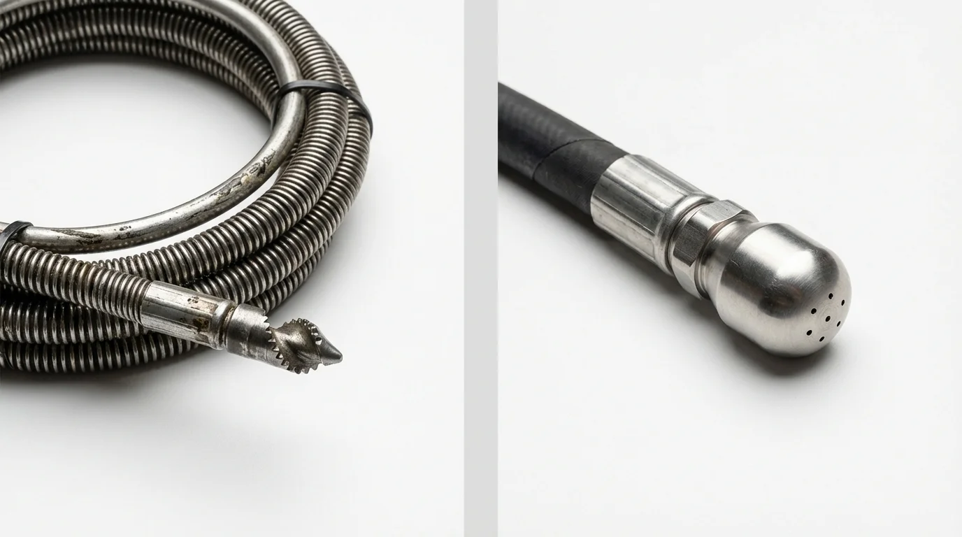 Drain snake cable and hydro jetting nozzle used for drain cleaning in Bloomingdale, NJ