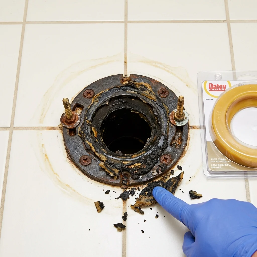 Failed wax ring showing water seepage at the base of a toilet in a Bloomingdale, NJ home